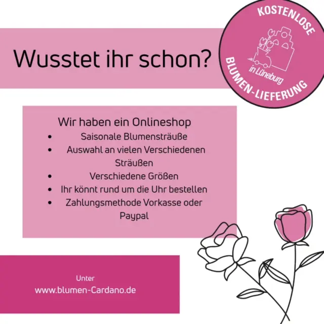 Ihr wollt Freude Verschenken? 💐
Das ist ganz einfach, ihr könnt einfach und bequem von Sofa aus über unseren Onlineshop Sträuße verschenken.
Wir liefern sie an eure Wunschadresse. 
Innerhalb Lüneburg ab 25 Euro Kostenlose und umliege Dörfer mit einem Aufpreis. Einfach auf unseren Onlineshop gehen und bestellen! 
#Onlineshop #lüneburg  #blumengalerie #blumen #sommer #bunt #Sträuße