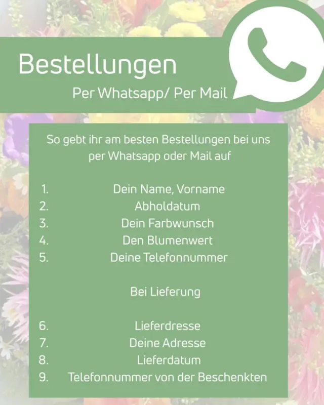 Ihr könnt ganz einfach Bestellungen per WhatsApp oder per Mail bei uns aufgeben!💐

#Lüneburg #blumenliebe #Blumen #blumengalerieantjecardano #bestellung