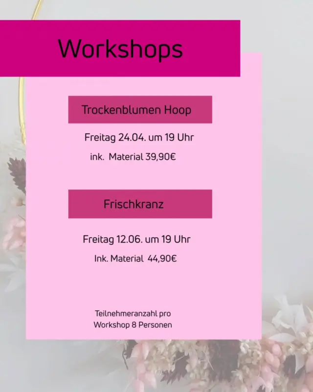 Ihr habt Lust auf einen Workshop in blumiger Atmosphäre? Dann sichert euch ein platz in unserem Workshop meldet euch bei uns per DM oder WhatsApp unter 0173 / 3671425 

Veranstaltungsort 
Blumengalerie 
Universitätsallee 15
21335 Lüneburg

Das Material kann abhängig vom Saisonalen Angebot und der Verfügbarkeit variieren. 

Wir freuen uns auf euch! 💐

#blumengalerieantjecardano  #Workshop #Lüneburg  #blumen #trockenblumen