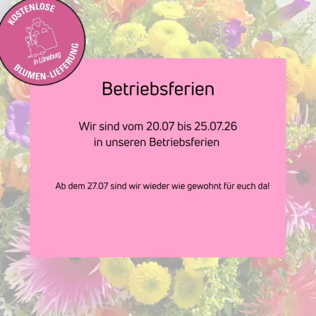 Wir sind ab dem 20.07 bis 25.07 im unseren Betriebsferien🌸

#Blumengalerieantjecardano #Blumen #ferien #Lüneburg