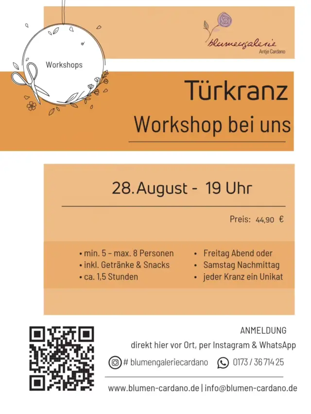 🌸Türkranz-Workshop🌸

Lust auf einen kreativen Abend? Gestalte deinen eigenen, wunderschönen Türkranz – perfekt für dein Zuhause oder als besonderes Geschenk. 💐

📅 Wann?
Freitag, 28.08. um 19:00 Uhr

📍 Wo?
Blumengalerie, Universitätsallee 15, 21335 Lüneburg

💶 Preis
 44,90 € inklusive aller Materialien

Die Teilnehmerzahl ist auf 8 Personen begrenzt – der Workshop findet ab 6 Anmeldungen statt.

📲 Anmeldung ganz einfach per WhatsApp unter 0173 / 3671425 oder direkt bei uns im Geschäft.

Wir freuen uns auf einen kreativen Abend mit euch! 🌿✨

#Türkranz #Workshop #Lüneburg #Blumengalerieantjecardano #floristik
