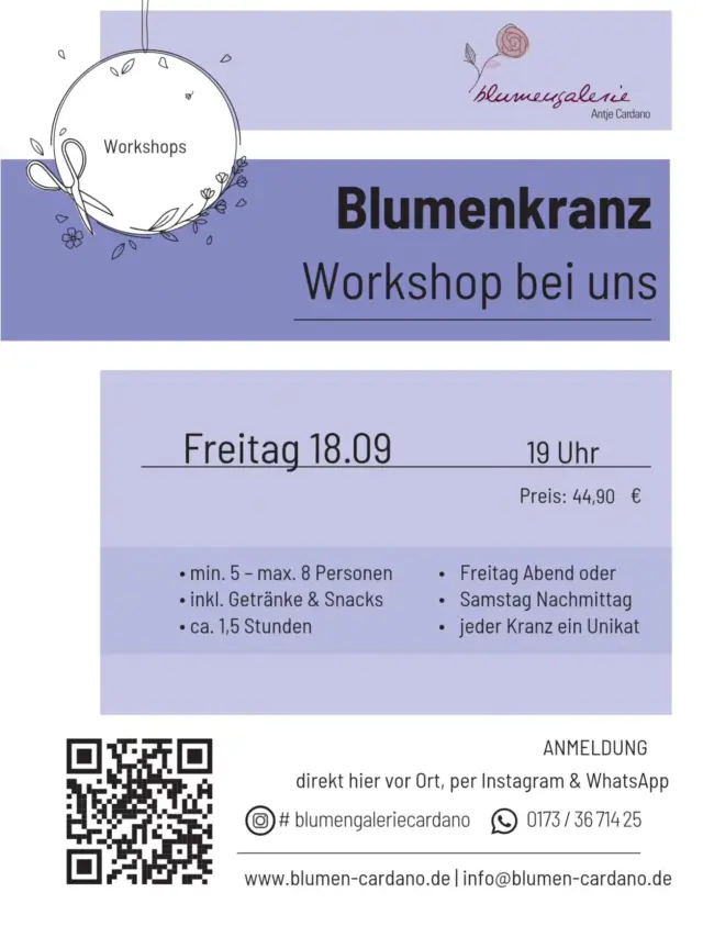 🌸 Blumenkranz-Workshop bei uns! 🌸

Lust auf eine kreative Auszeit mit Blumen, guter Stimmung und einem Kranz ganz nach deinem Geschmack? 💐✨

Am Freitag, 18.09. um 19 Uhr könnt ihr bei uns euren ganz persönlichen Blumenkranz-Unikat gestalten. 🌿
Ob alleine, mit Freundinnen oder als kleine Gruppe – ihr braucht keinerlei Vorkenntnisse. 🥰

✨ mind. 5 – max. 8 Personen
🥂 inkl. Getränke & Snacks
🌸 ca. 1,5 Stunden
💶 44,90 € pro Person

📩 Anmeldung direkt bei uns vor Ort, per Instagram oder WhatsApp:
📱 0173 / 36 71 425

Sichert euch euren Platz und lasst uns gemeinsam etwas Wunderschönes zaubern! 🤍🌷

#blumenkranz #blumenworkshop #workshop #Lüneburg #Blumengalerieantjecardano